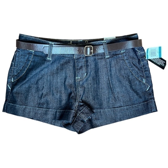 American Rag Blue Cuffed Brown & Gold Belted Jeans Shorts Flap Pocket Size 9 NWT - Picture 2 of 15